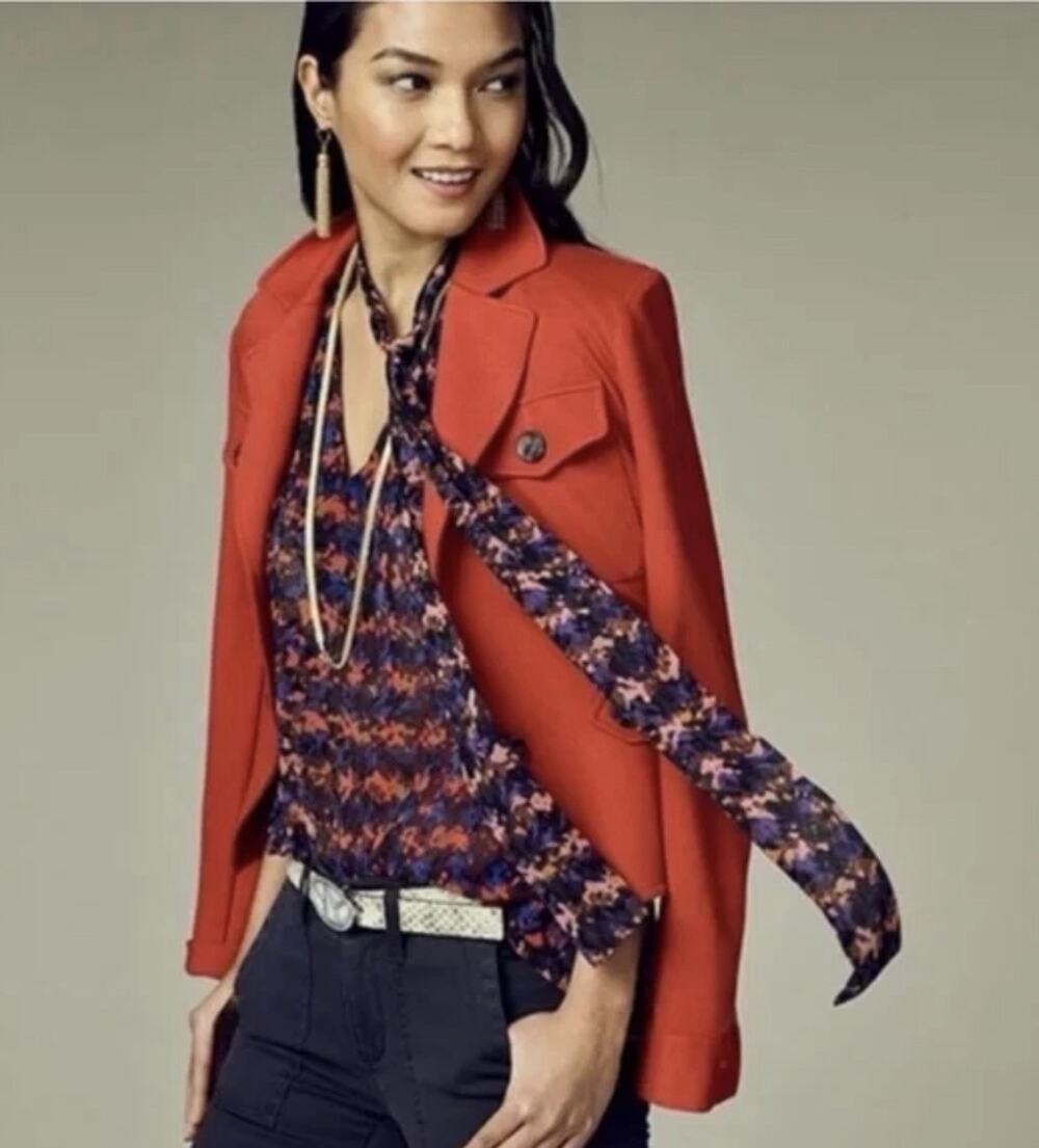 CAbi The Bonus Print Blouse Style Women’s Large Blue Red Chiffon V-Neck Top tie